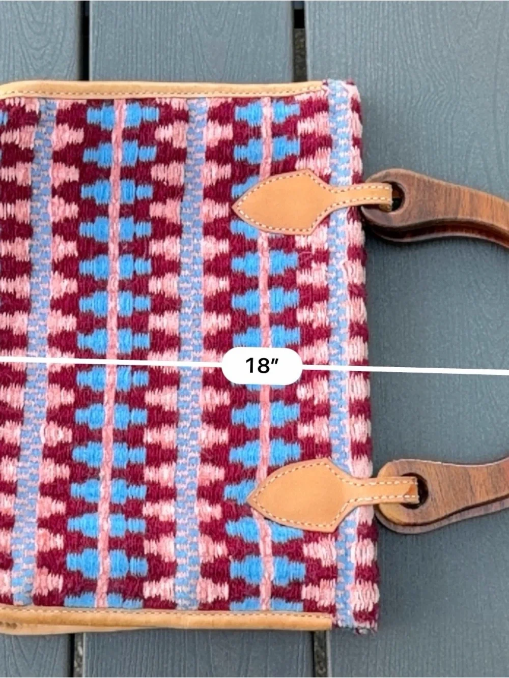 Woven Pattern Handbag with Wood Handles - Burgundy & Turquoise